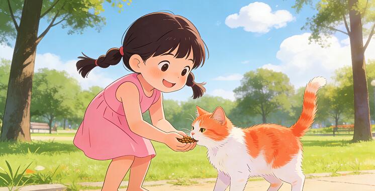 小女孩喂流浪猫