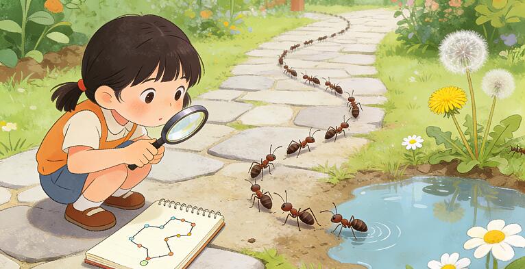 观察蚂蚁搬家的小红