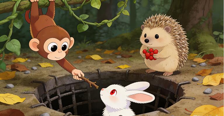 小猴子用藤蔓救下掉进陷阱的小兔子