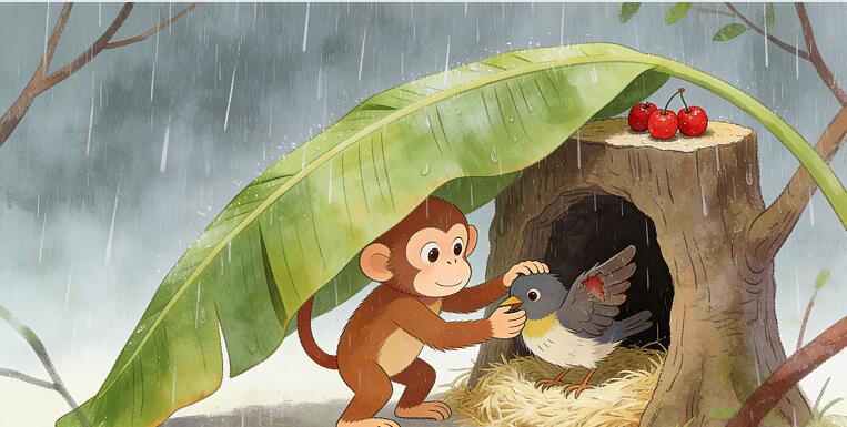 小猴子为受伤的小鸟搭避难所